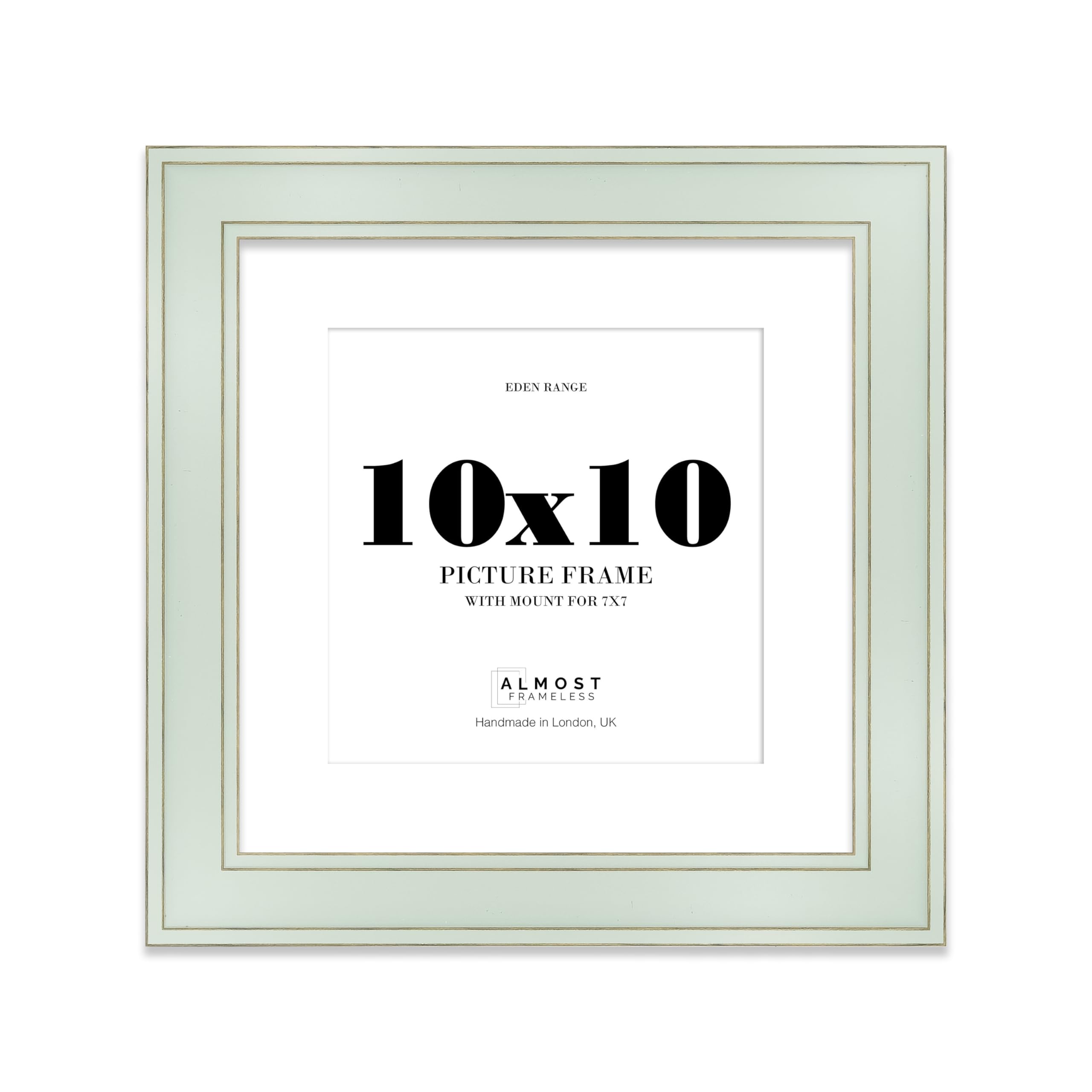 10x10" Sage Green Square Picture Frame with 7x7" Mount - Shabby Chic Photo Frame with Distressed Finish, Gold Trim, Wall Hooks and Kickstand, 37mm Edge - 1 Pack