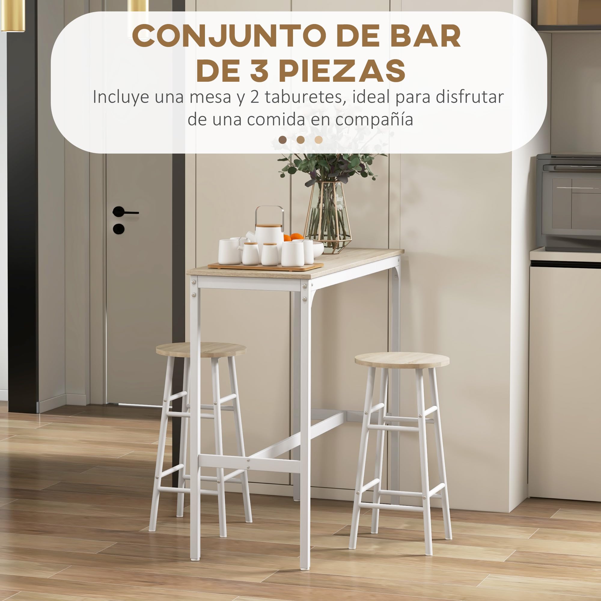 HOMCOM Conjunto de Mesa Alta de Bar Con 2 Taburetes para Cocina y Comedor - Marco de Acero Estilo Industrial - Natural y Blanco
