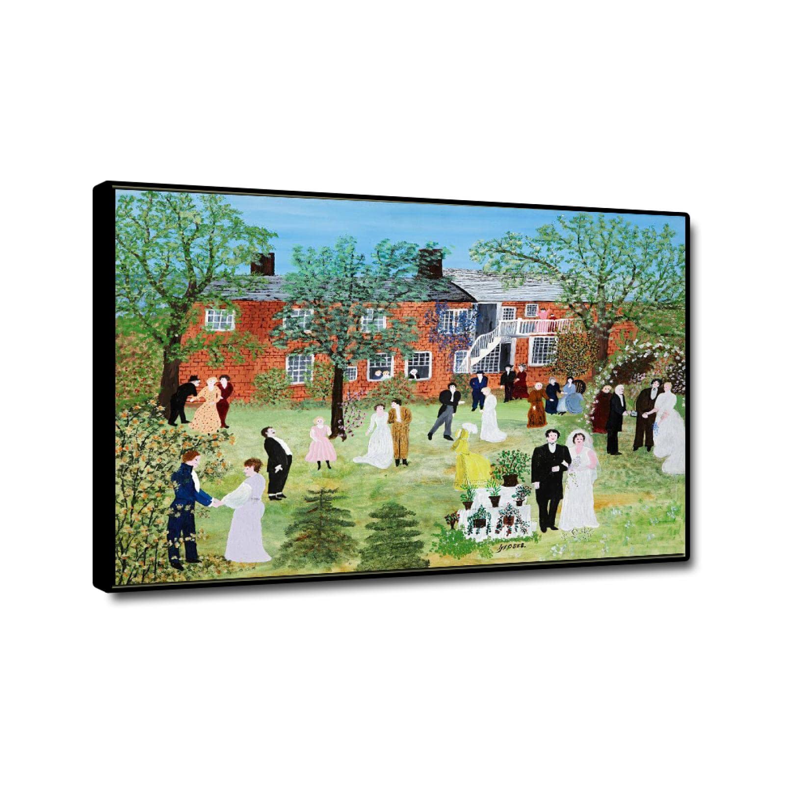 JZSDGB Marco negro-Grandma Moses Pintura Reproducción de Carteles Cuadro en lienzo-impresión Obras de Arte-Paisaje Cuadros famosos impreso sobre lienzo(una boda en el campo) 80x120cm(31x47in)