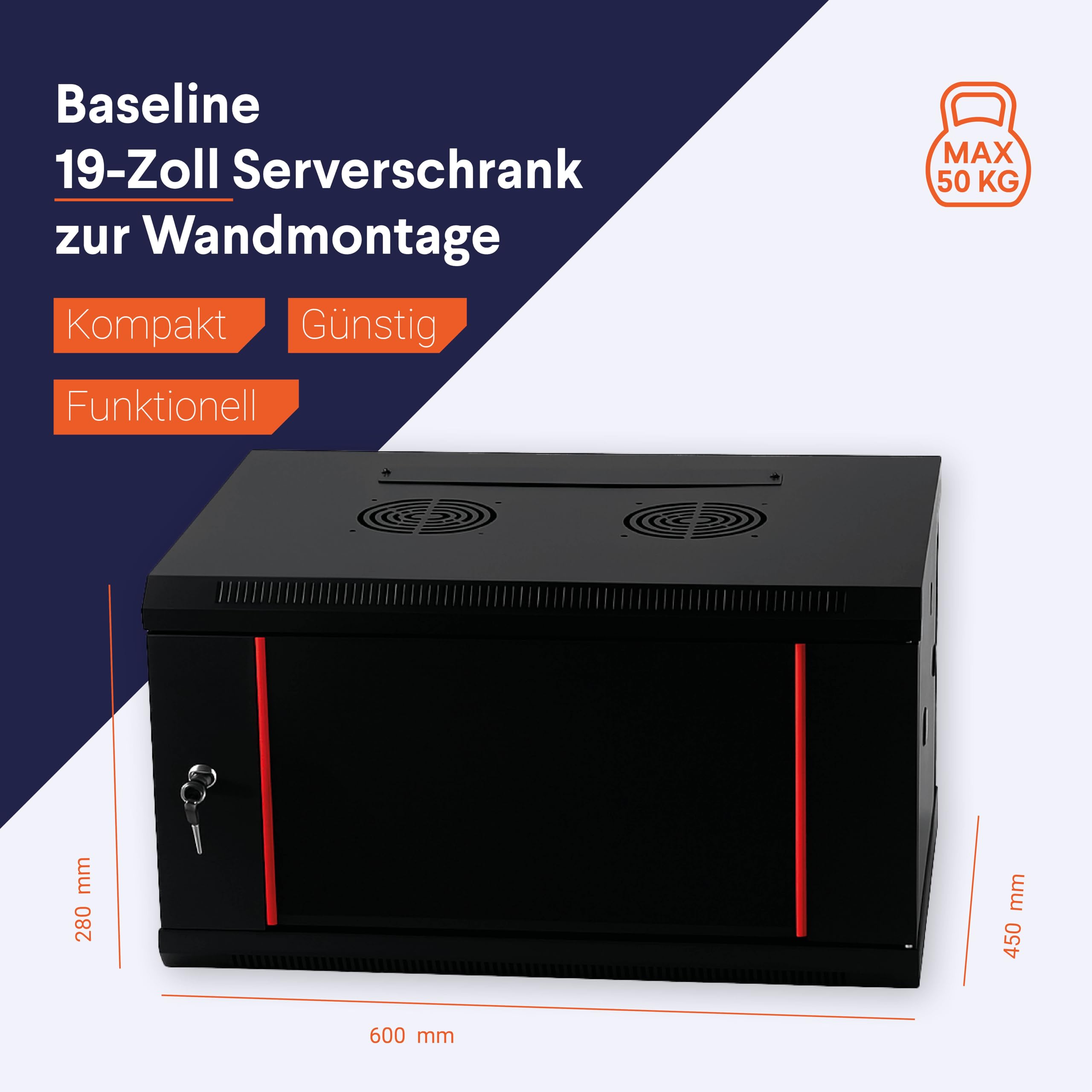 Baseline 19 Zoll 4 HE Netzwerkschrank mit Glastür 600x450x280mm (BxTxH) - Schwarz - Traglast 50 kg - Wandmontage - Serverschrank - Wandgehäuse - Server Rack - Server Enclosure