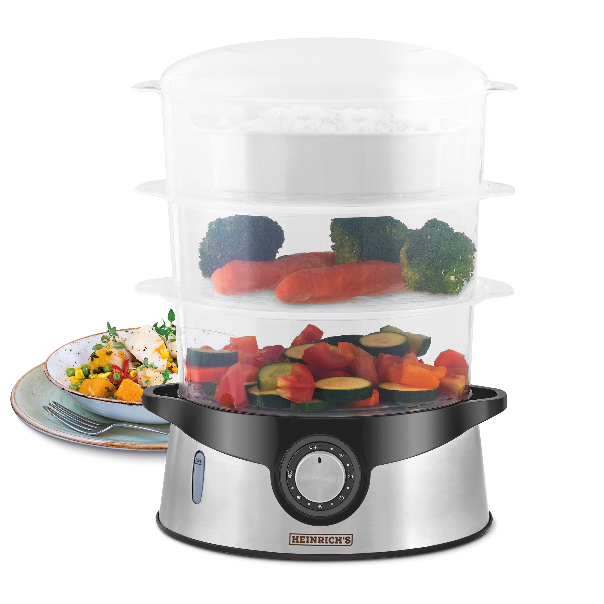 HEINRICHS Dampfgarer,3-Schicht stapelbare Etagen Schalen, BPA-frei, Spülmaschinenfest, 9Liter Fassungsvermögen, inkl. Reisschale/Reiskocher, Dampfkocher mit 0-60Min Timerfunktion,800 Watt Heinrich´s