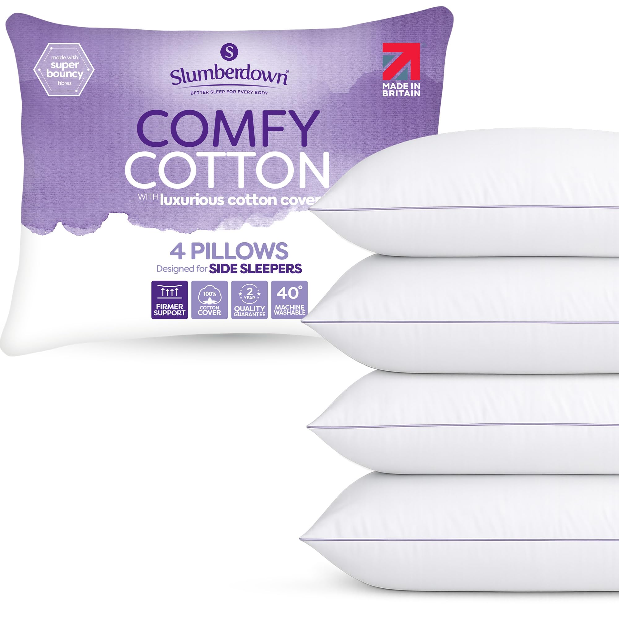 Slumberdown Unisex White Comfy Cotton Pillow, Firm Support, 4 Pack In