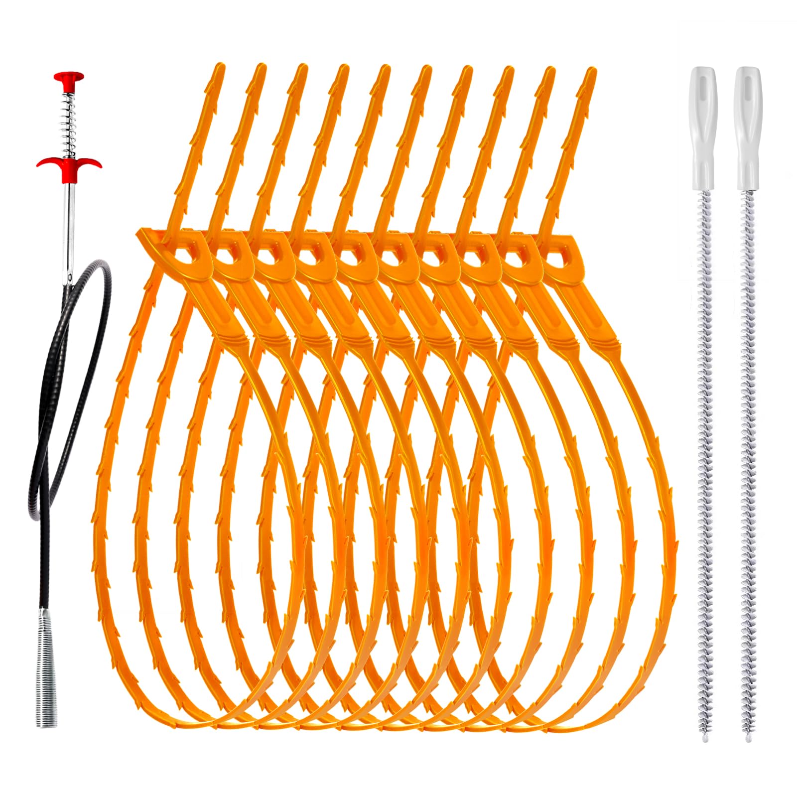 34inch drain snake (1pc), 25inch hair drain clog remover (10 pcs) & 18inch cleaner brush (2 pcs), sink plumbing snake drain tool unclogger tool set for kitchen, bathroom tub, sewer, toilet
