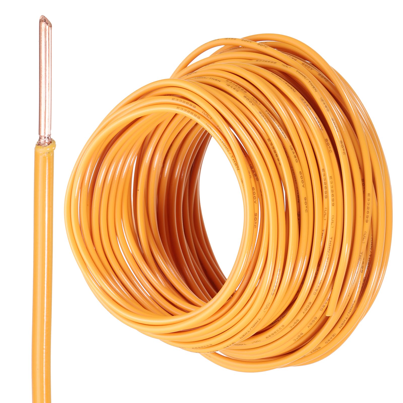 QUARKZMAN Cable Eléctrico Aislado De Cobre Sólido De 75 Pies Calibre 12 AWG Cable De Conexión THHN Para Uso Residencial Industrial Y De Puesta Para 600 Voltios Listado UL Naranja