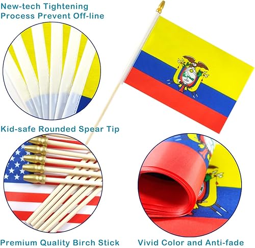 Miniatura 3 de Newperlite Banderas de mano pequeñas de Ecuador - Poste de madera maciza y parte superior de lanza (paquete de 12, 5 x 8 pulgadas)