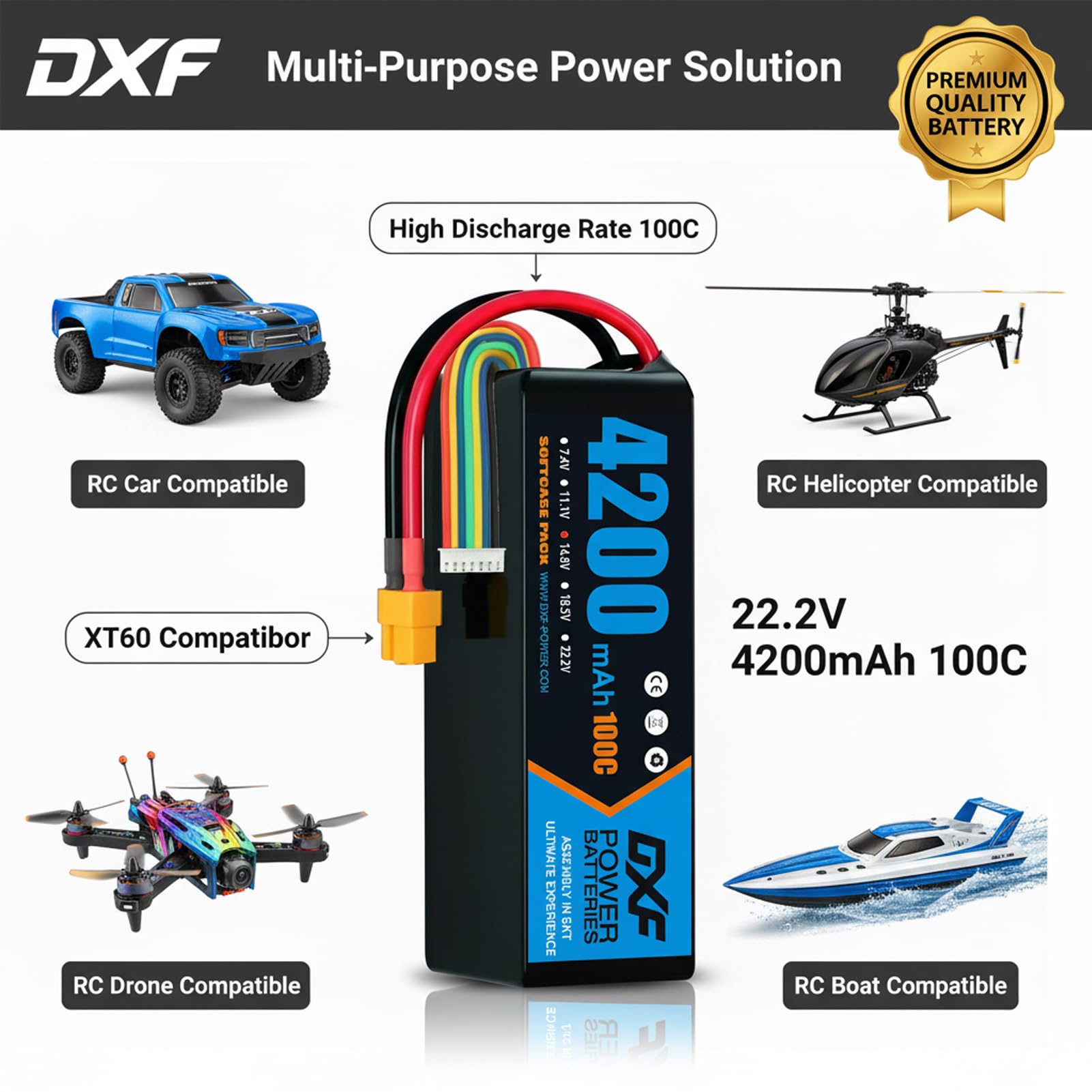 DXF 6S RC Lipo akumulator 4200 mAh 22,2 V 100C grafenowy akumulator z wtyczką xt60 do samolotu RC, helikoptera RC, quadcoptera, drona, samochodu, ciężarówki, łodzi, modelu (2 sztuki)