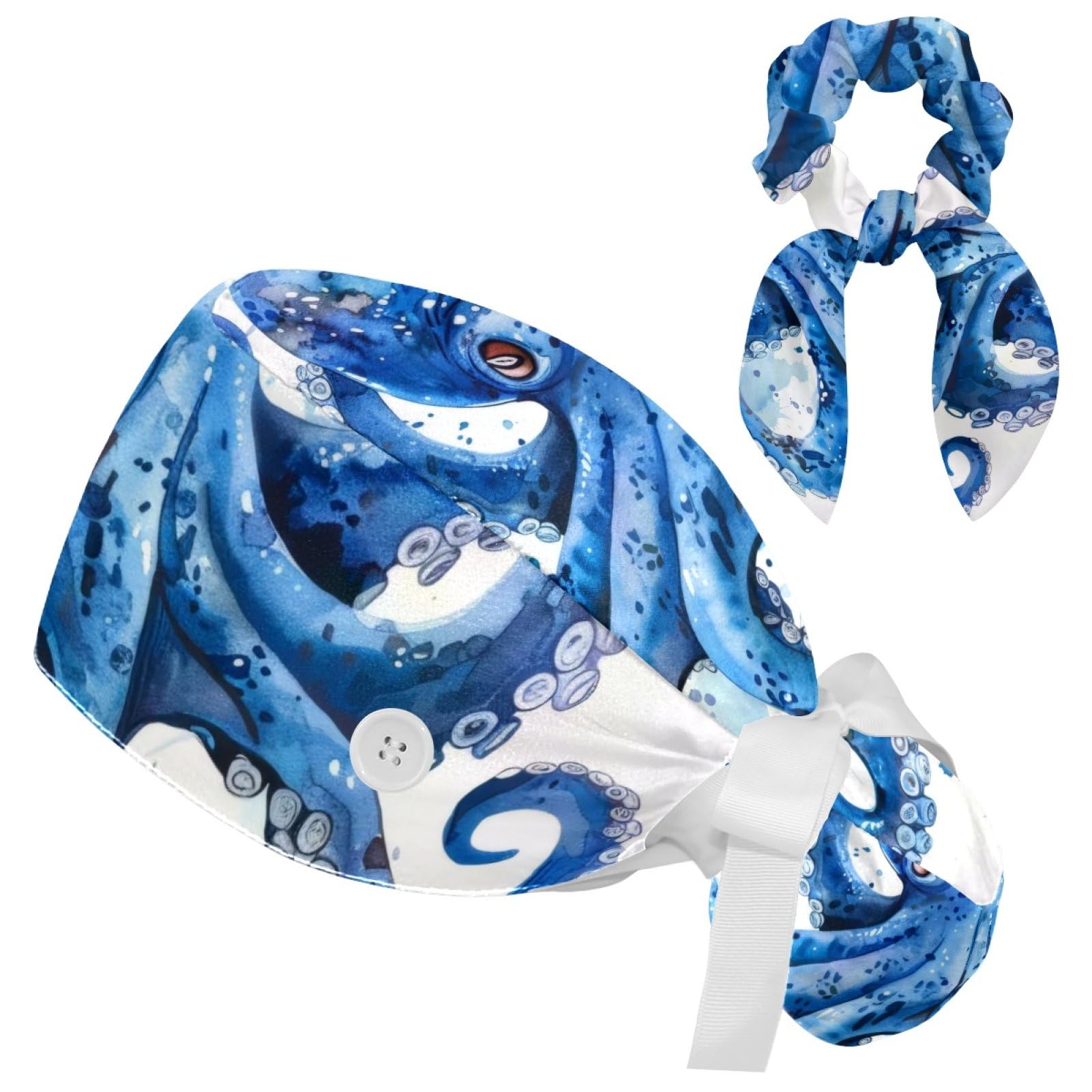 Women’s Working Cap Scrub Hats with Bow Scrunchies, Wave Octopus Pattern Bouffant Surgical Cap Ponytail Holder
