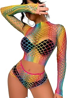 Tenue Sexy en Maille Colorée Femme Résille Transparente Arc-en-Ciel Vêtements de Nuit Fishnet Moulante Manches Longues Clubwear Festival Rave Club Plage