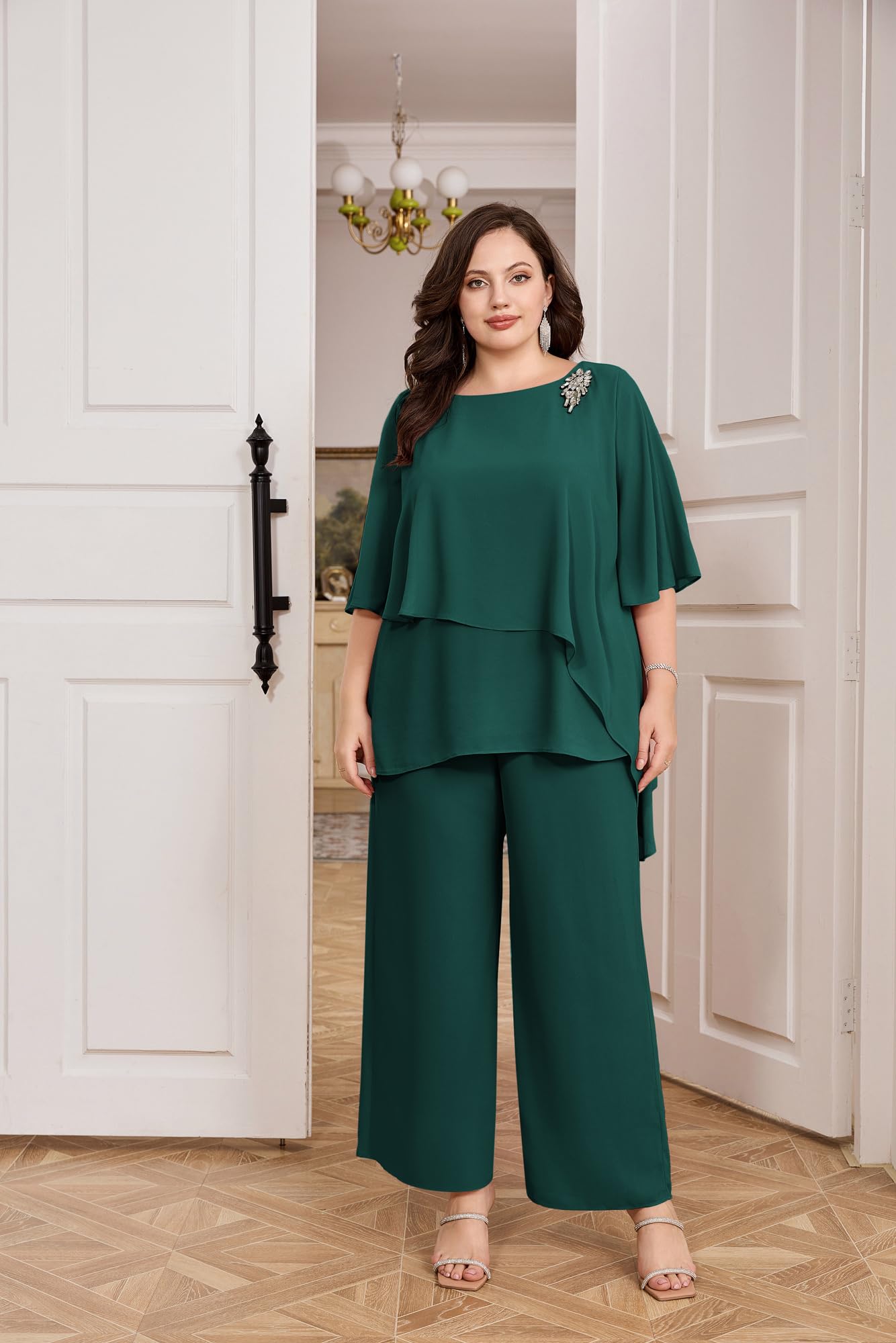 Hanna Nikole Conjunto elegante de traje de noche para mujer, talla grande, conjunto de 2 piezas, traje de cóctel, fiesta, pantalones festivos, camisa de gasa de dos piezas y pantalones de cintura alta