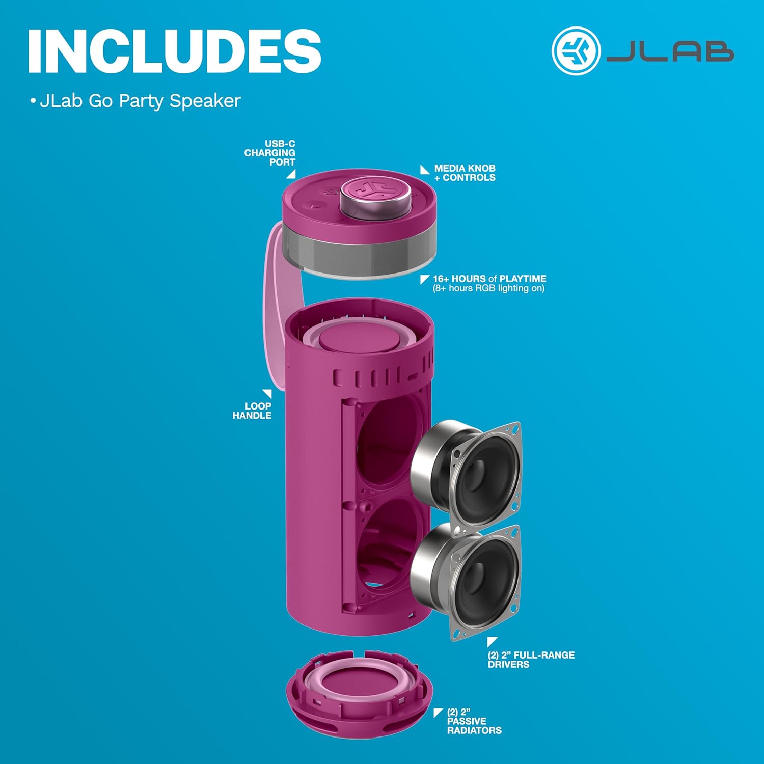 JLab Go Party Portable Bluetooth Speaker, Mulberry, 10 Watts of Power, 16+ Hours of Playtime, IP56 Waterproofing, Customizable RGB LED Lighting, Lab Sync Up to 100 Speakers, Custom Sound in-App - Image 9