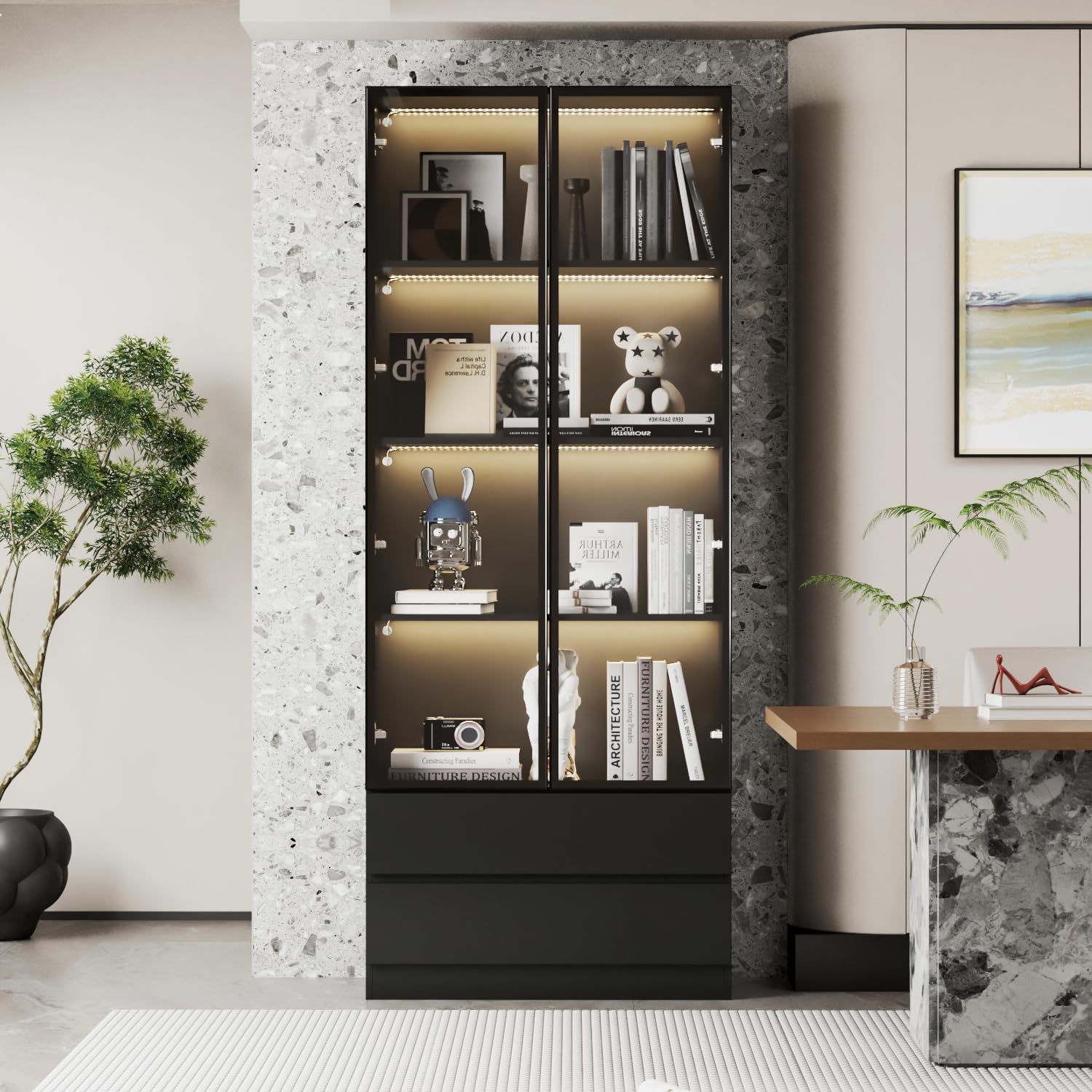 Vitrina con puertas de cristal, estantería de pie para salón, dormitorio, comedor, oficina, cocina, 80 x 36 x 200 cm, MDF, negro