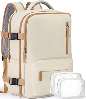 Travel Laptop Backpacks for Women Carry On, 40L Nylon Waterproof Backpack for Traveling On Airplane, Gym Backpack Personal Item Essentials, Beige-Brown