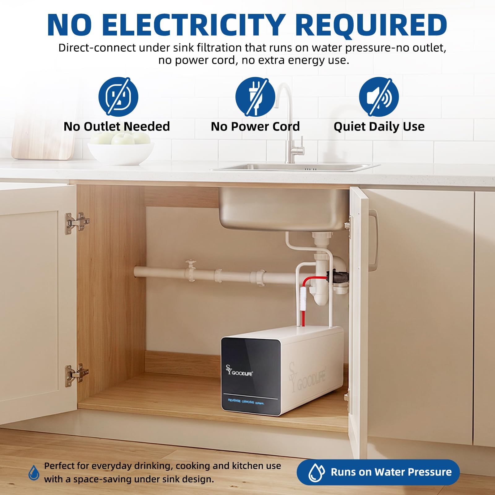 SY GOODLIFE DF-56 Sistema de ósmosis inversa, sin tanque, no requiere electricidad, filtro de agua de ósmosis inversa, sistema RO debajo del fregadero, 2:1 puro a drenaje, 0 consumo de energía