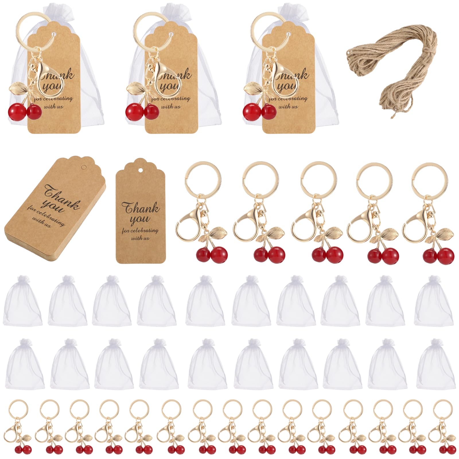 Generisch 20er-Set rote Kirsch-Schlüsselanhänger als Partygeschenk, Frucht-Charm-Schlüsselring mit Dankesanhänger und Organza-Beutel, Kirsch-Accessoires als Geschenk für Gäste, Hochzeit, Geburtstag