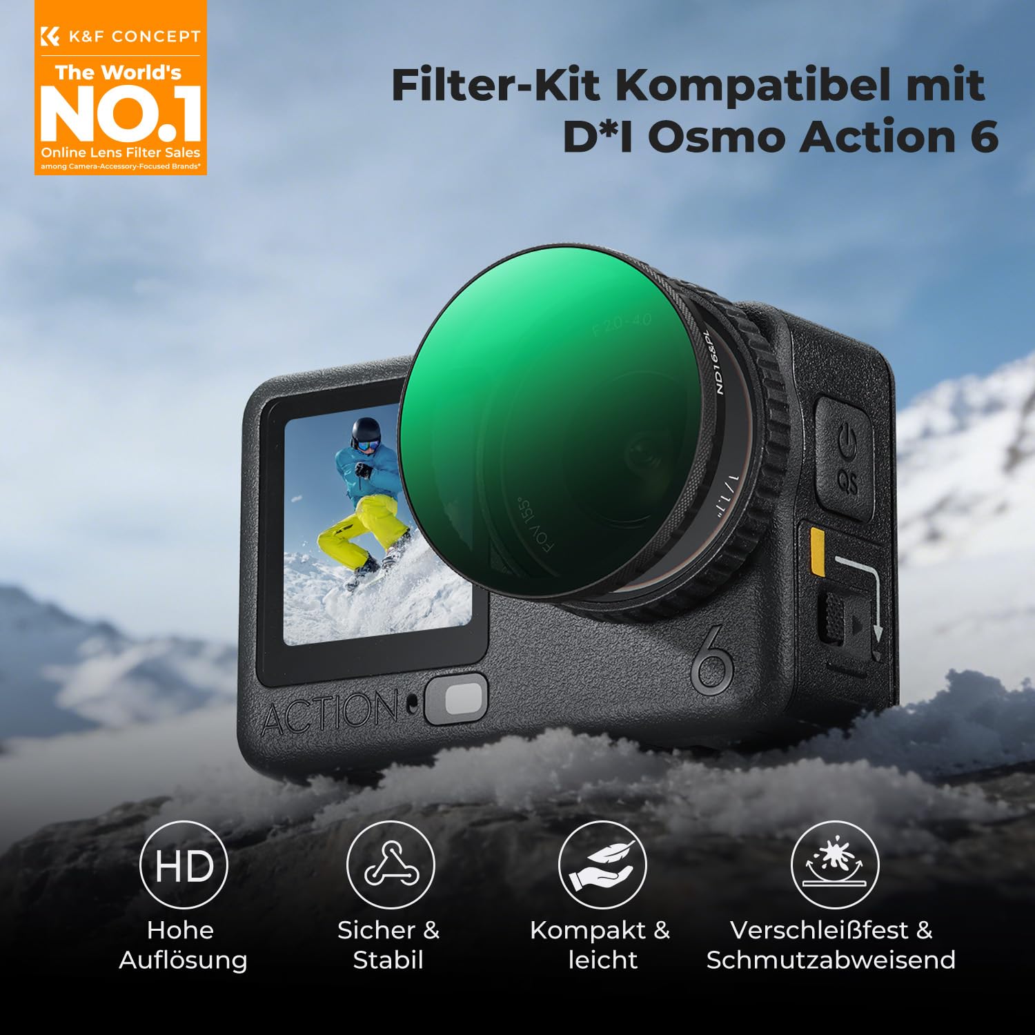 K&F CONCEPT ND&PL Filter-Set für DJI Osmo Action 6, 4er-Pack ND8&PL ND16&PL ND32&PL ND64&PL Hybrid-Neutraldichtfilter Polarisationsfilter für Actionkameras, Mehrfach Beschichtetes HD-Optikglas