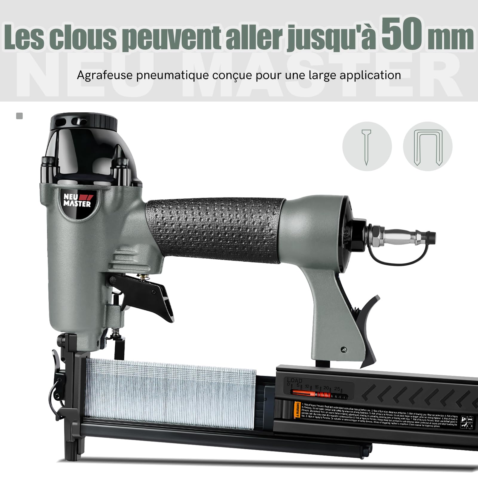 NEU MASTER Cloueuse/Agrafeuse Pneumatique Multifonctionnelle 2 en 1 avec 800 Clous, 200 Agrafes, étui de Transport, Lunettes de Potection, Bouteilles en Plastique Vides et 2 clés Allen