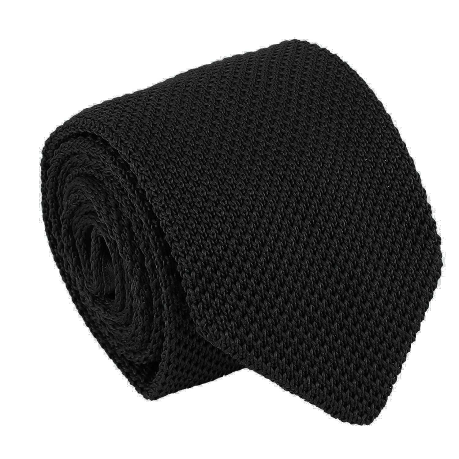 DQT Mens Plain Knitted Tie - 7cm Slim Width Knit Necktie - Wedding, Business & Formal - Black