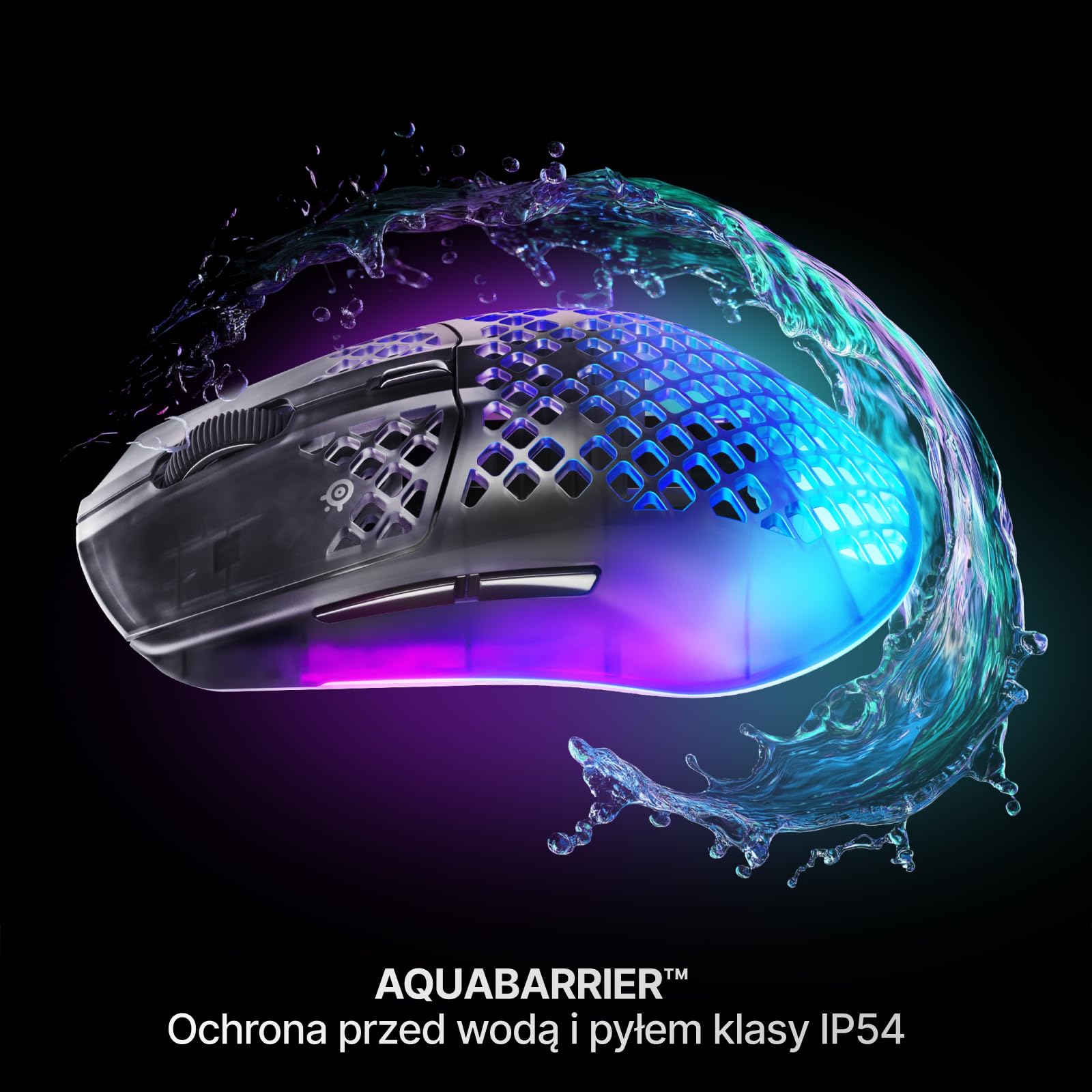 SteelSeries Aerox 3 Wireless Gen 2 – superlekka mysz dla graczy, polling 4K, sensor optyczny 26K DPI, 200 godzin pracy, wodoodporność IP54, 80 mln kliknięć, RGB, ślizgacze 100% PTFE, Shadow