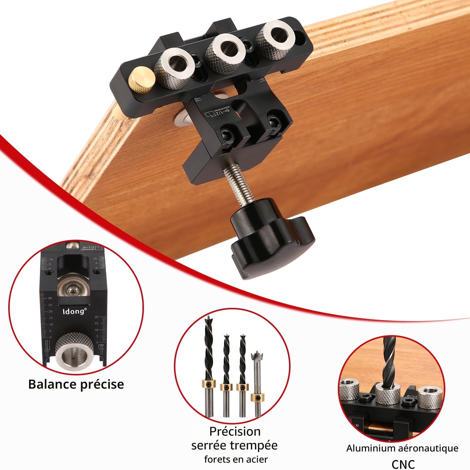 Gabarit De Percage Set，8/10/15 mm Gabarit de Trou de Poche,3 en1 Kit Localisateur de Guide de Percage Cheville Bois,Outils de Bricolage pour le travail du bois (noir Gabarit De Percage)