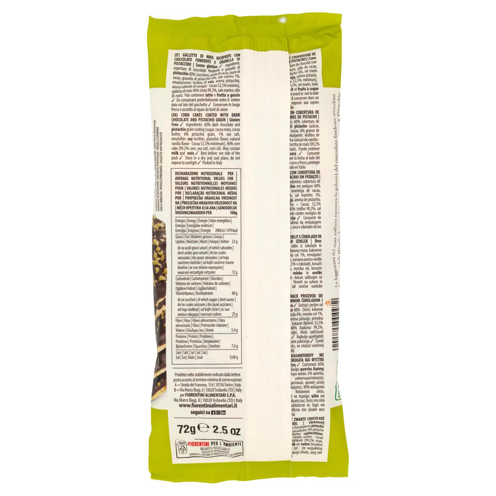 Fiorentini Choco Mais Gallette di Mais con Cioccolato Fondente e Pistacchio Vegane e Senza Glutine (Gluten Free) 72g [CAIYA® BOX da 8 Confezioni]