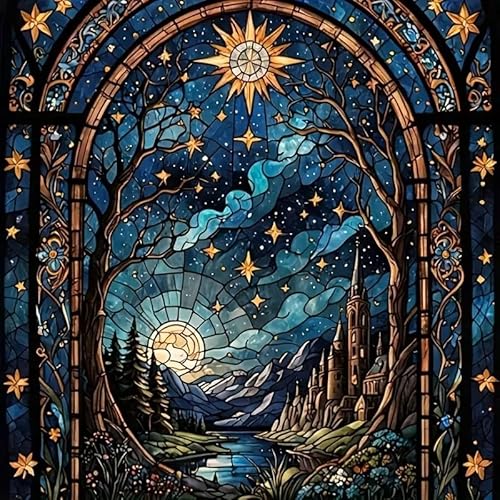 XIYOUVIGOR Magical Night Sky Stained Glass Window Diamond Painting Kits for Adults, Enchanting Starry Landscape with Castle, Moon, and Snow Diamond Art Kit for Beginners, Gem Arts 12x12 inch