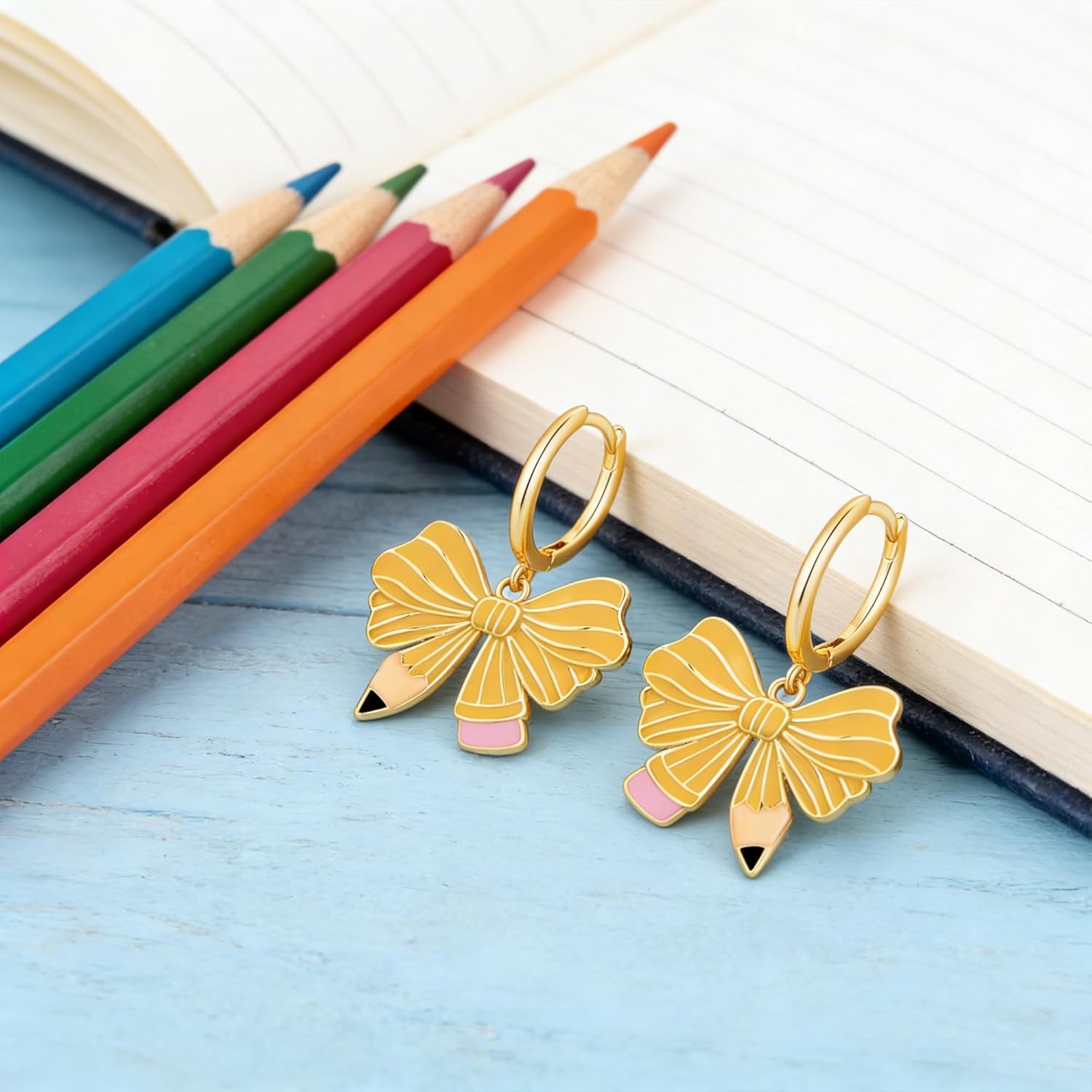 Pencil Bow Huggie Earrings for Teacher - Preppy Chic 14k Gold Plated Teacher Hoop Dangle Drop Earrings for Women Cute Y2K Fun Back to School Jewelry Gift - Image 6