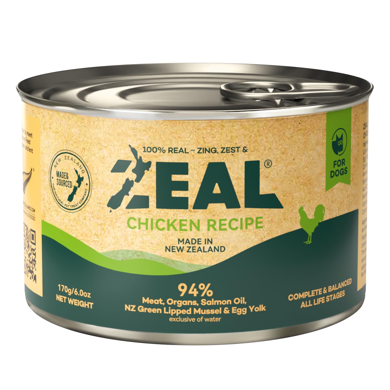 ZEAL New Zealand Canned Wet Dog Food – High Protein, Pure Nutrition, Grain-Free with Superfoods (Chicken, 6oz Can, 12-Pack Tray)