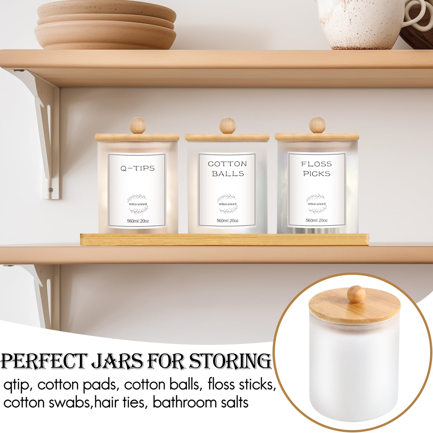3-pack glazen Qtip houder dispenser met bamboe deksels en lade, 20oz badkamer organisatoren en opslag badkamer decor boerderij decor, apotheek potten voor wattenstaafje, katoenen bal, wattenschijfjes