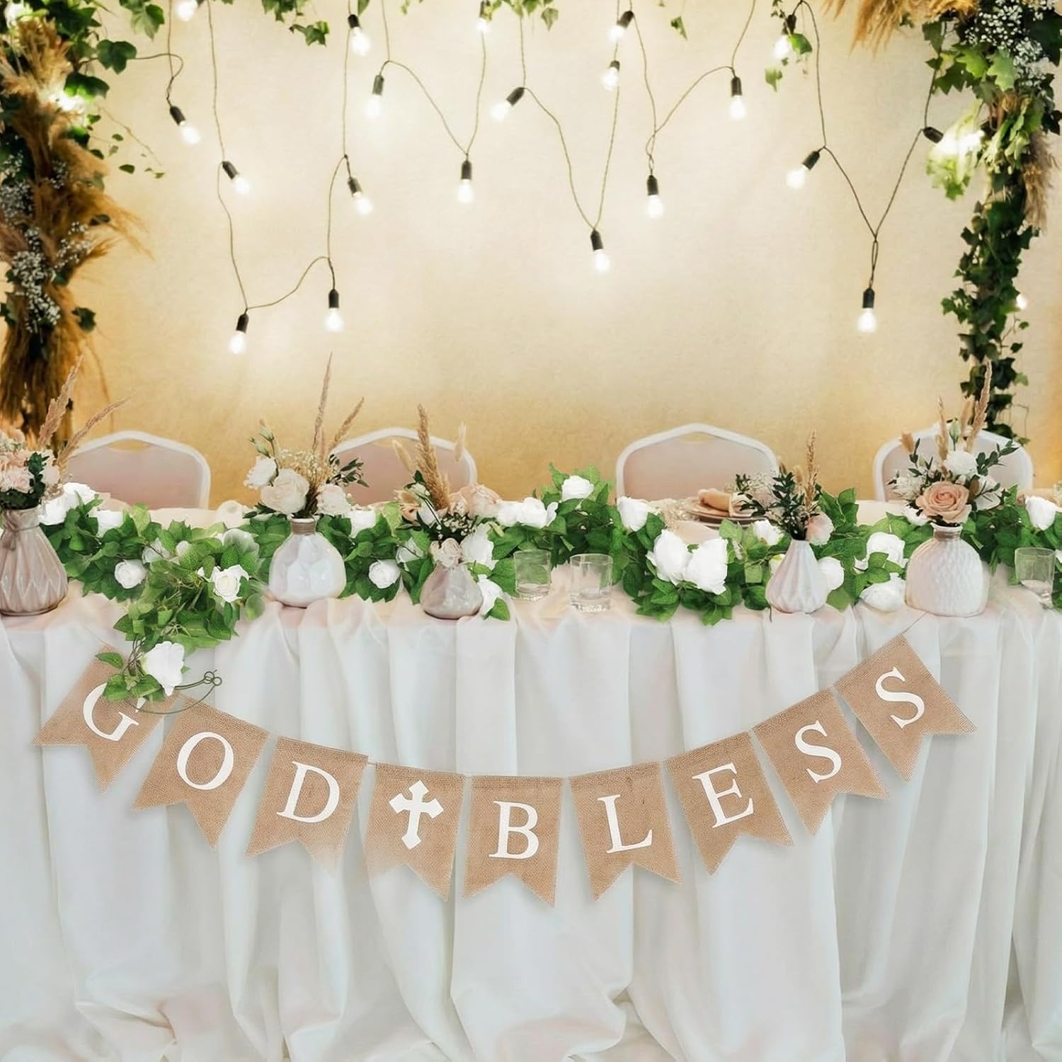 Kosiz 5 Pcs First Communion Decoration Set God Bless Banner with 4 Pcs 26 ft White Flower Garland Fake Vines Faux Artificial Floral Garland Blessed Burlap Banner for Wedding Confirmation Baptism