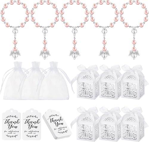 El juego de 100 rosarios de bautismo incluye 25 mini rosarios de bautismo con ángel, 25 cajas de recuerdo, 25 bolsas de organza y 25 etiquetas de