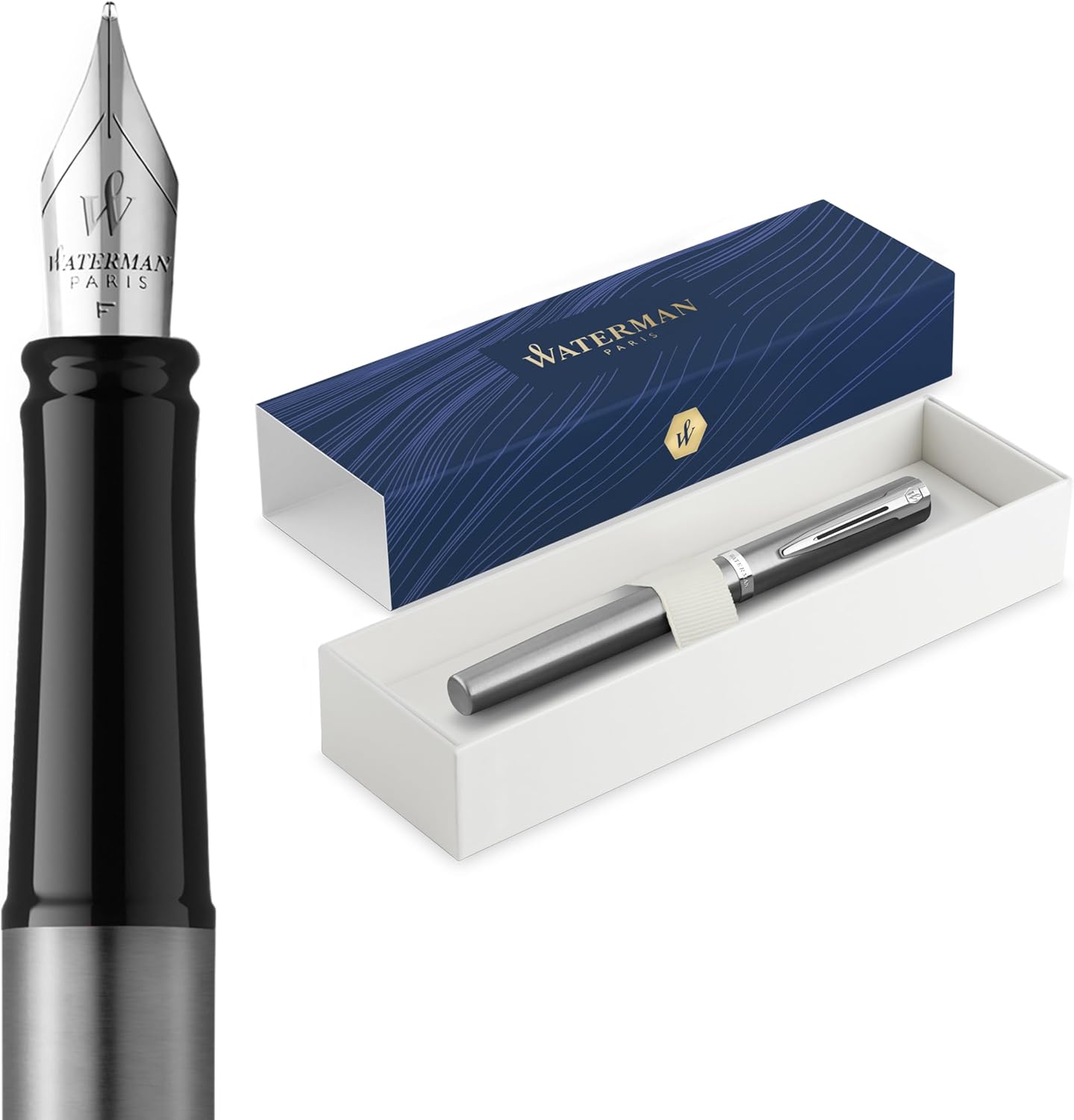 Waterman Impression Fountain Pen | Stainless Steel with Chrome Trim | Medium Nib | Blue Ink | Gift Box