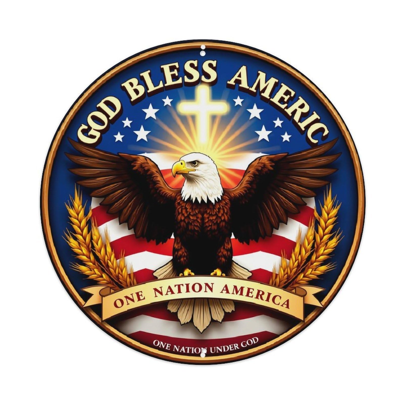 God Bless America Eagle Emblem Vintage Metal Tin Sign Retro Wall Decor for Home Bar Garage Cafe, Indoor & Outdoor Decorative，circle Metal Poster, 8x8 Inch