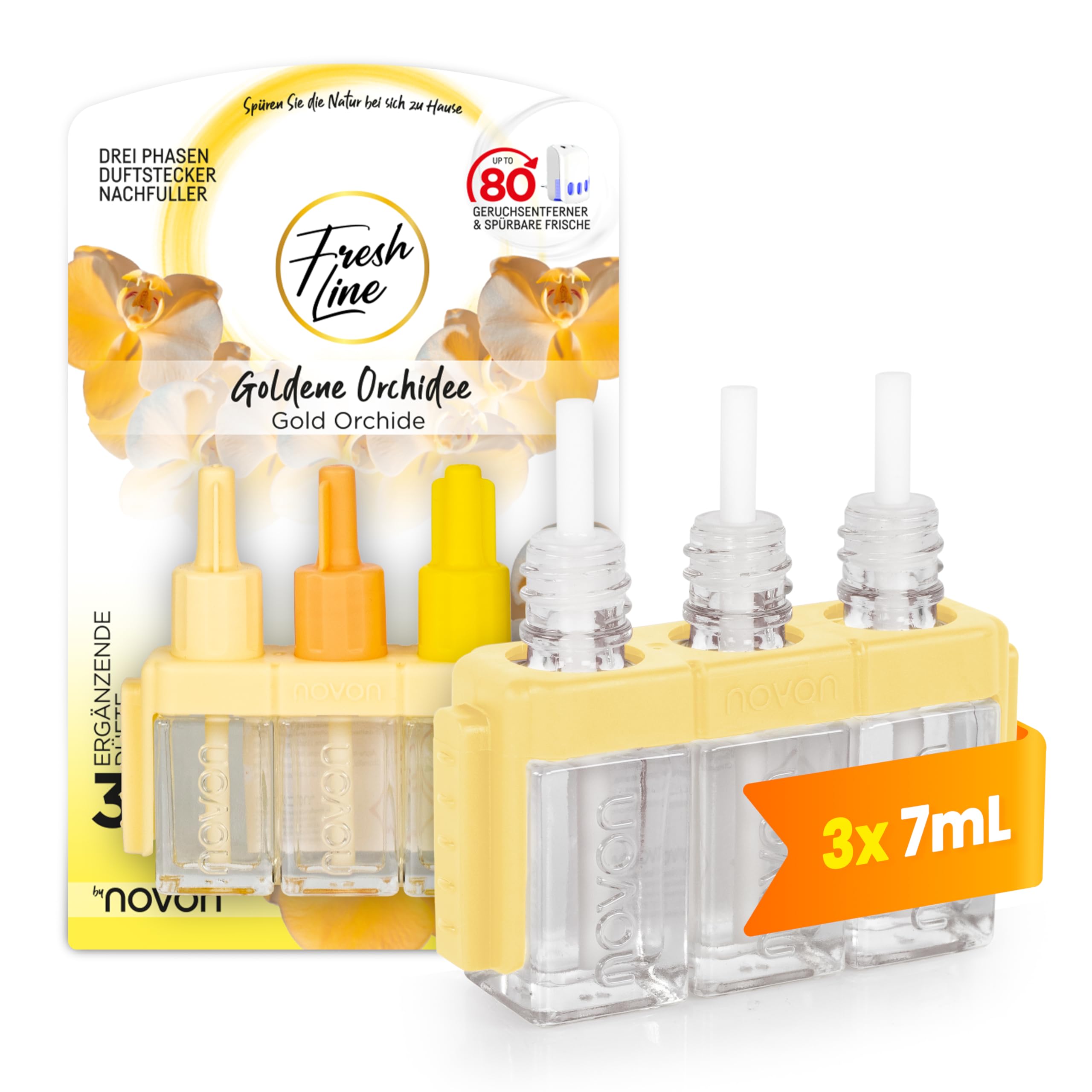 FRESH LINE® Recambio de ambientador de 12 unidades (3 x 7 ml) – Cambio de 3 fases – Completa a 3VOLUTION – Ambientador – 6 fragancias: bayas silvestres, jazmín, limas, frescas de abril, orquídeas