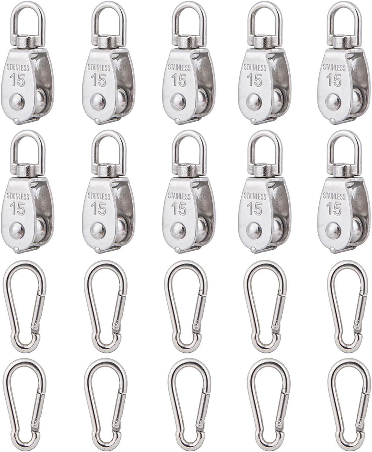 10Pcs 304 Stainless Steel M15 Single Pulley Block, Wire Rope Hanging Wire Towing Wheel, with 10Pcs Spring Snap Hook