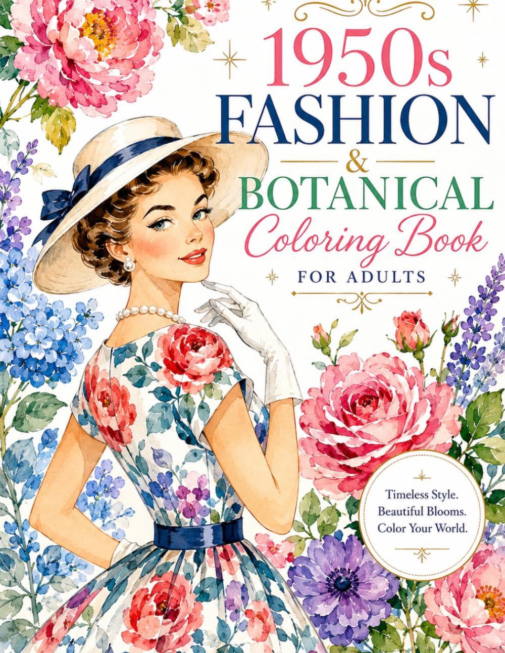 1950s Fashion & Botanical Coloring Book: Elegant Vintage Fashion & Floral Illustrations for Relaxation, Stress Relief, and Creative Expression