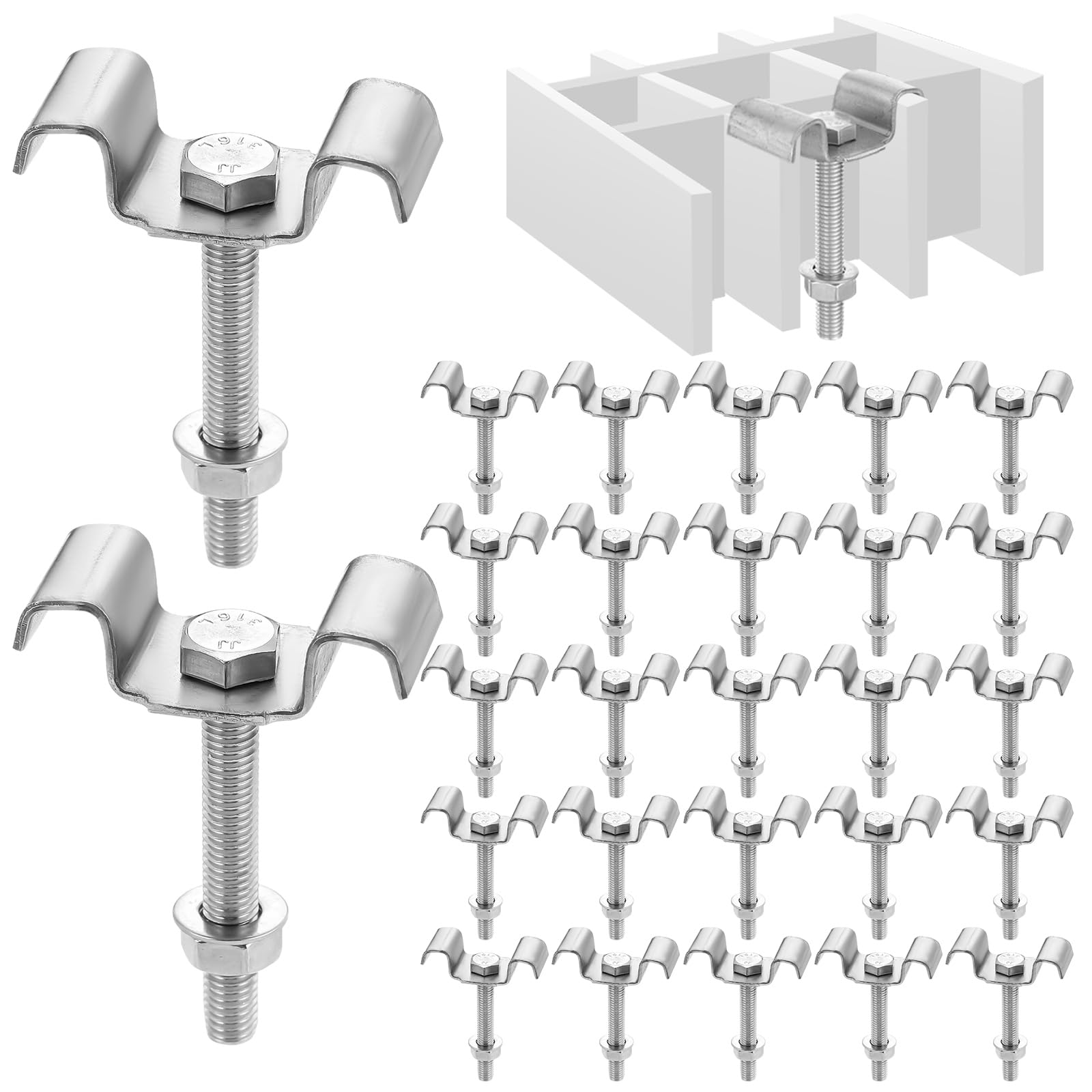 Zonon 25 Pcs Grating Clip with M8 x 60mm Bolts 316 Stainless Steel Saddle Clip for 1 to 1.5 Inch Bearing Rod Height 1.25 Inch Grate Opening Industrial