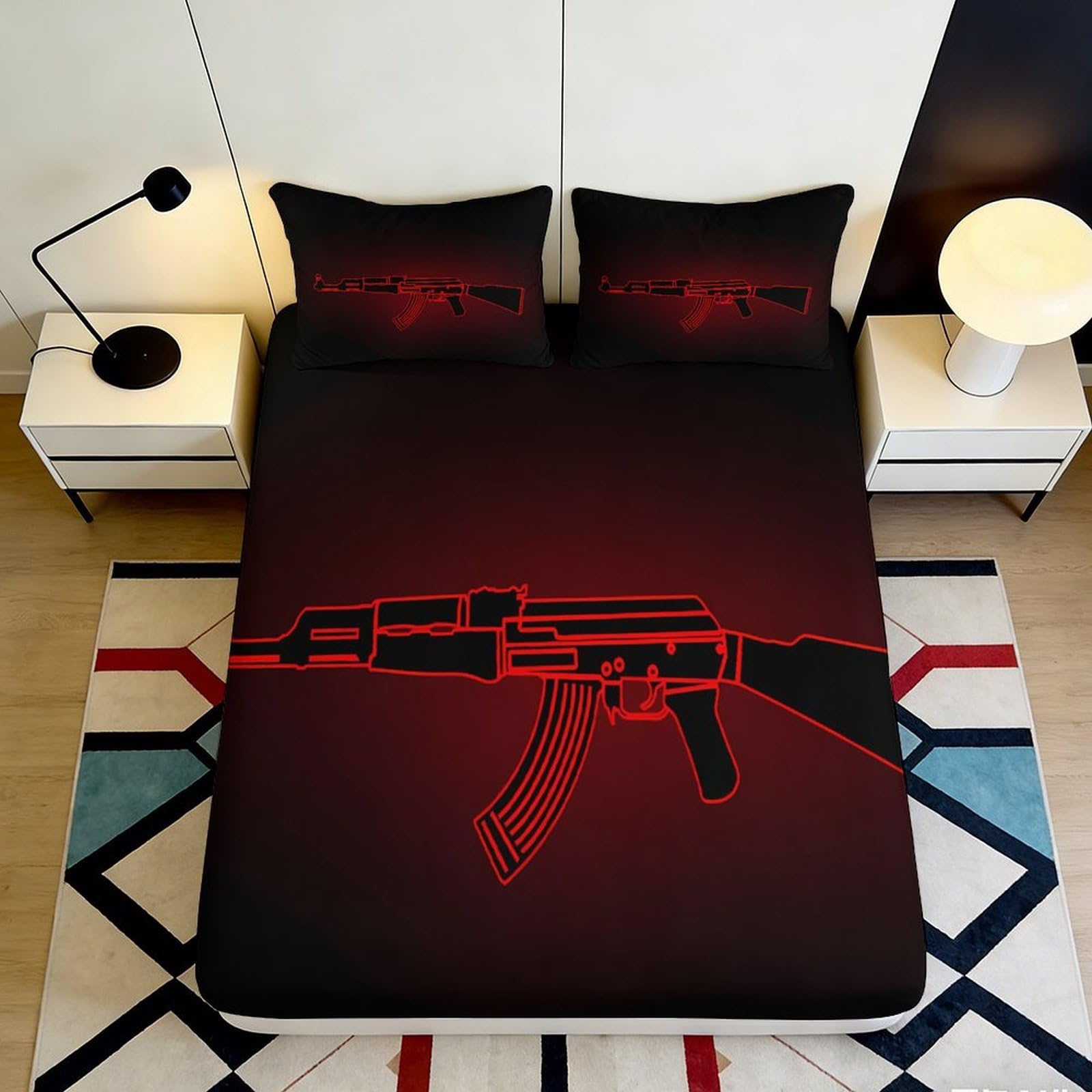 3D Printed Neon Rifle Fitted Sheet Microfiber Soft Black Red Gun Art Bed Cover for Bedroom Dorm Mattress Decor 90x200x25cm