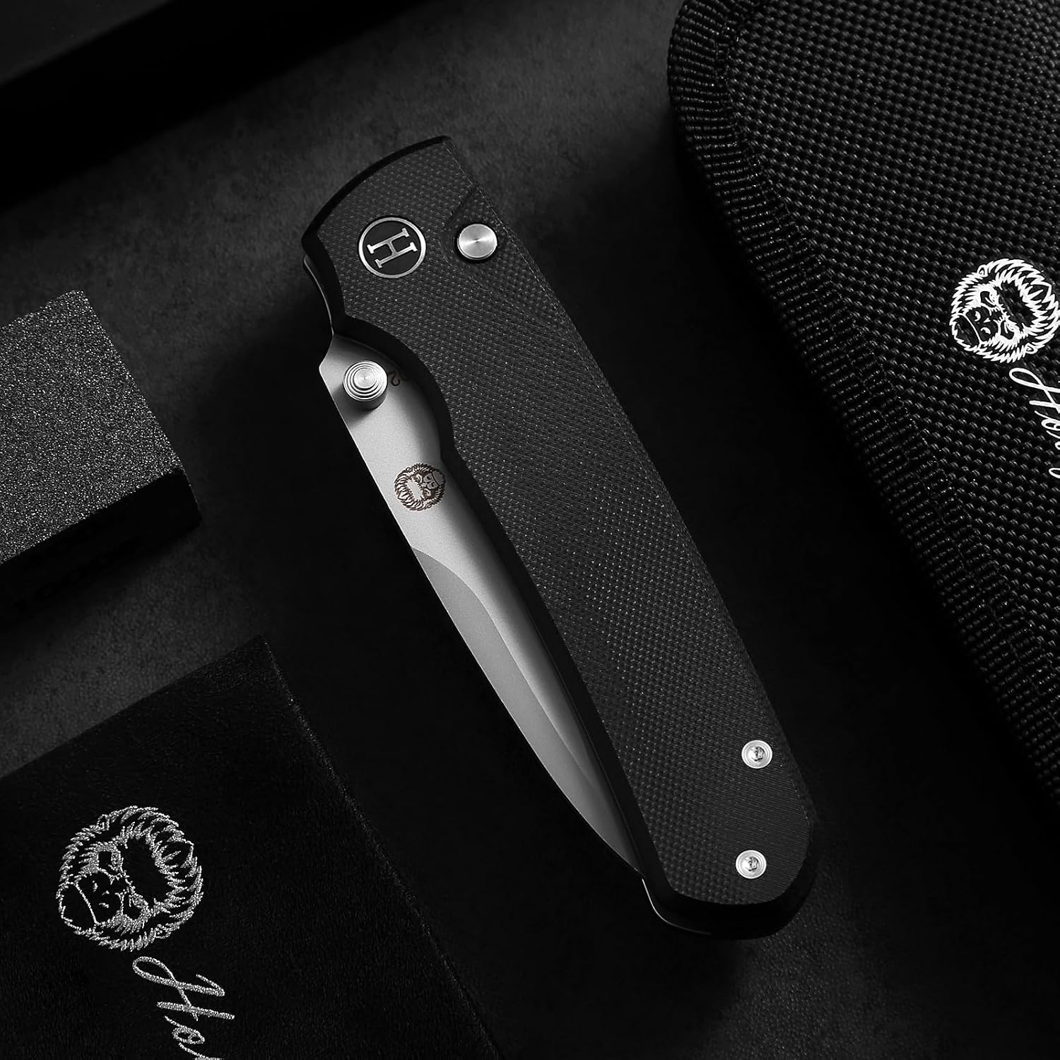 Holtzman's Gorilla Survival Loyalist Folding Pocket Knife with Sharpening Stone and Case (Sand+Black) - Perfect for Everyday Carry