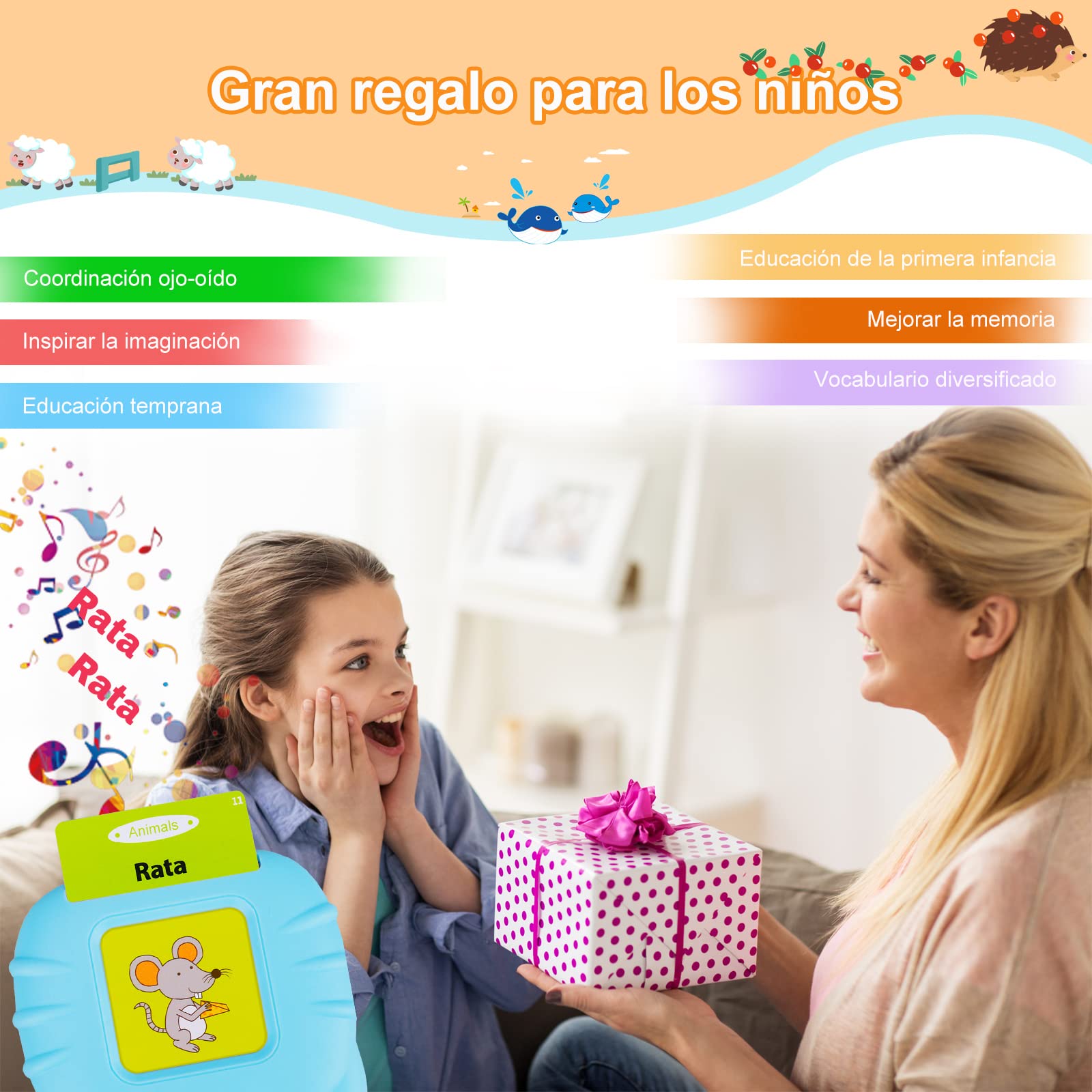 Tarjetas Flash Parlantes Juguetes de Aprendizaje para Niños Pequeños 1-6 Años, 112 Hojas 224 Español Palabras, Juguetes Educativos Audibles, Recurso Preescolar Juguete Interactivo Electrónico - Azul — view 8