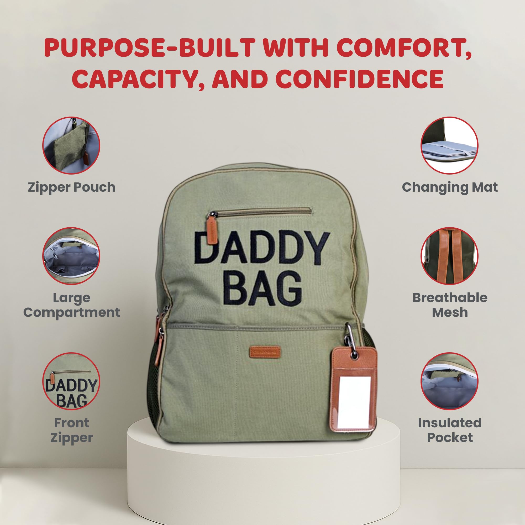 CHILDHOME, plecak na pieluchy, torba podróżna, duża pojemność, funkcjonalny, belgijski design, oddychający tył, składany materac, 35 l, torba dla taty, khaki