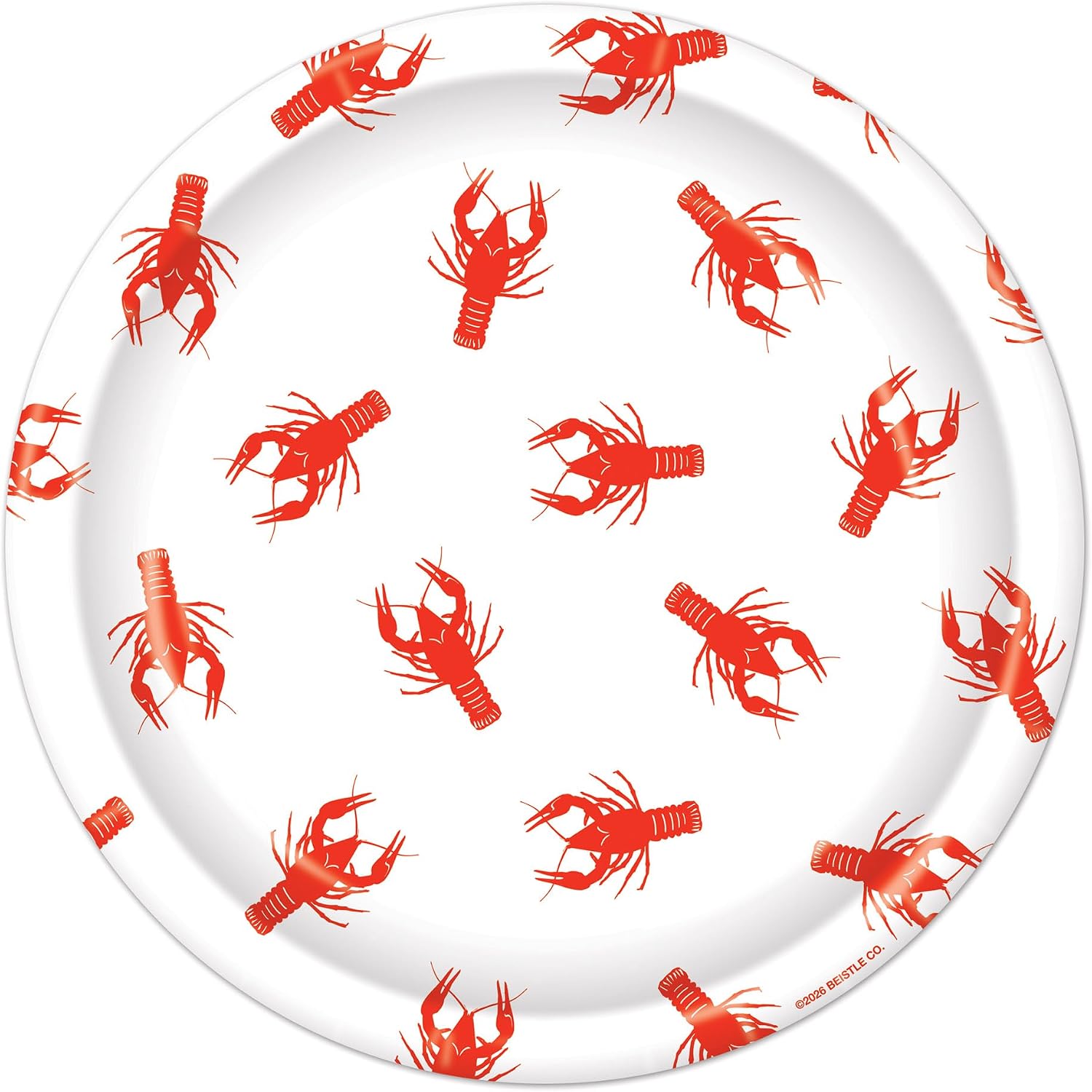 Beistle Crawfish Paper Plates – 16 Pack, Red and White Disposable Party Tableware, Round Seafood-Themed Dessert Plates for Boil Tables, Coastal Events, Mardi Gras Celebrations & Cajun Displays, 7"