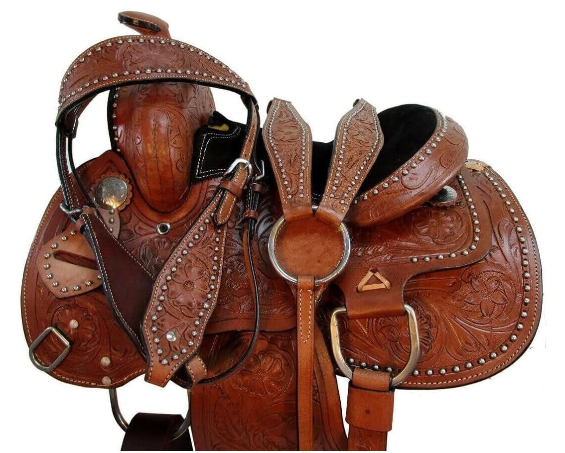 Bambini Giovani Pony Sella Pelle Western Horse Bambini Barrel Trail Floral Tooled 25,4 cm 27,9 cm 30,5 cm