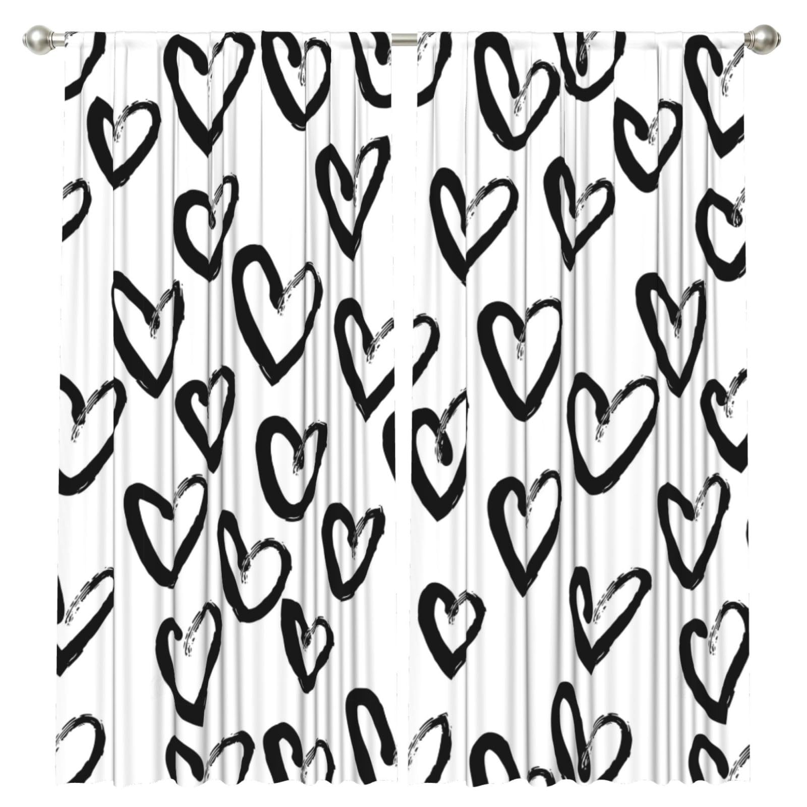InOmak Black And White Heart, 2 Panels Window Curtains 52 x 84 Inch Blackout Curtains for Living Room Bedroom