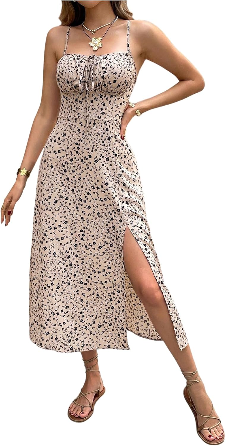Floerns Women's Floral Print Tie Shoulder Cami Dress Ruched Bust Slit Boho Midi Dress