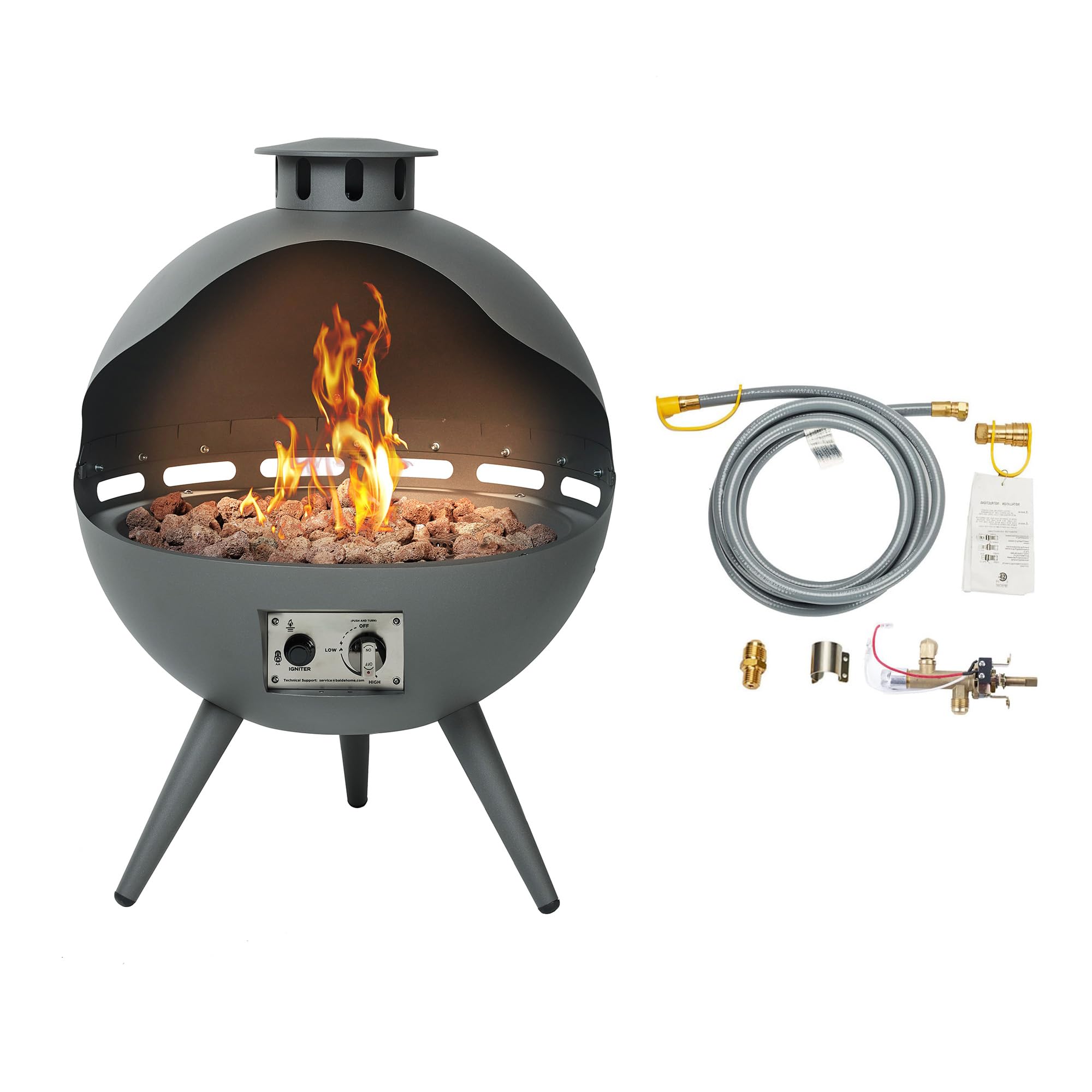 Gray chimenea-style gas fire pit with legs and chimney top