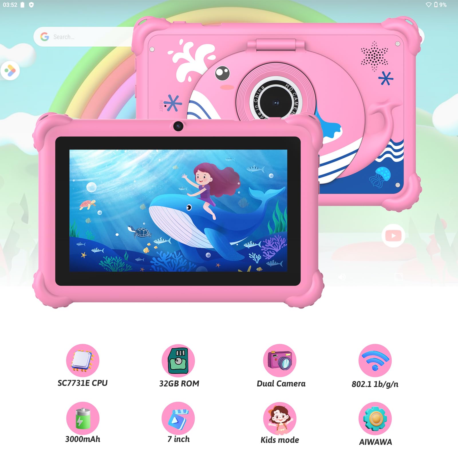 Tablet per bambini da 7 pollici, Android 12, 4 GB di RAM, 32 GB di ROM, WiFi, Bluetooth, protezione sicura degli occhi schermo IPS, controllo genitori, doppia fotocamera, custodia