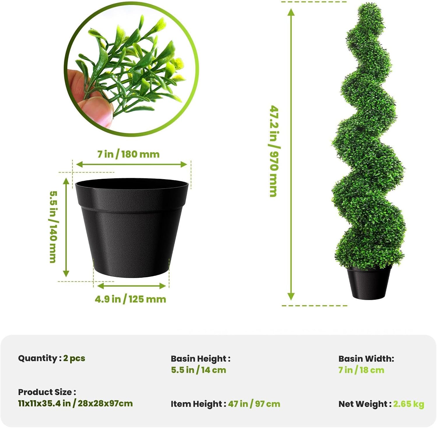 3.3' Spiral Boxwood Topiary Trees Set of 2, Artificial Outdoor Plants with Plastic Pots, Evergreen PE Material, Fake Bushes & Shrubs for Front Porch Outside Decor