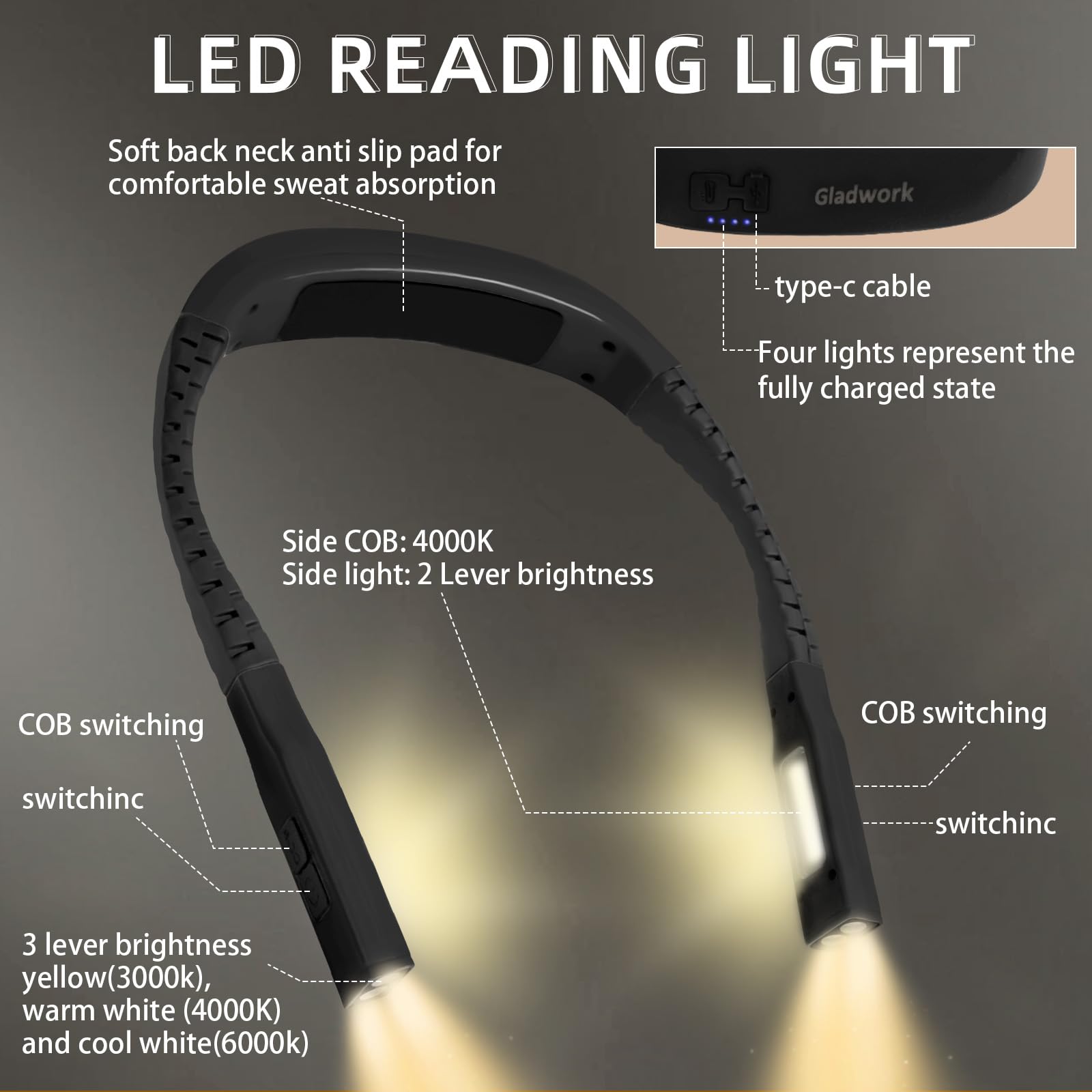 Luce da lettura a LED da comodino nera può funzionare per oltre 80 ore di ricarica USB 3 funzione di luce utilizzata per la lettura notturna all'uncinetto riparazione libro regalo per gli
