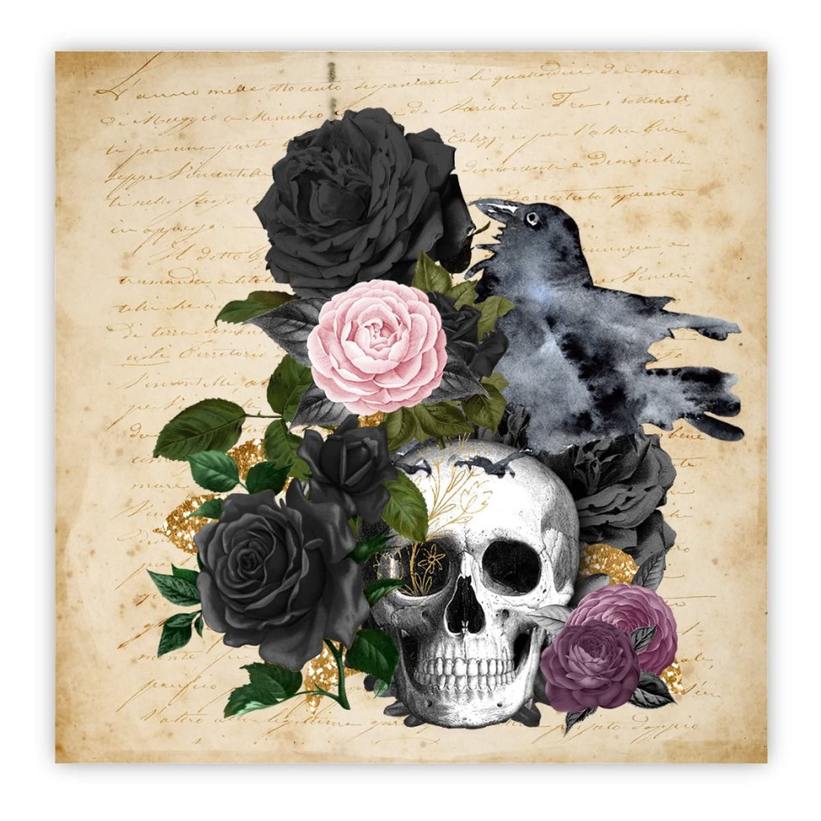 Corbeau sur tête de mort panneau bois noir : objet décoration murale salon et chambre