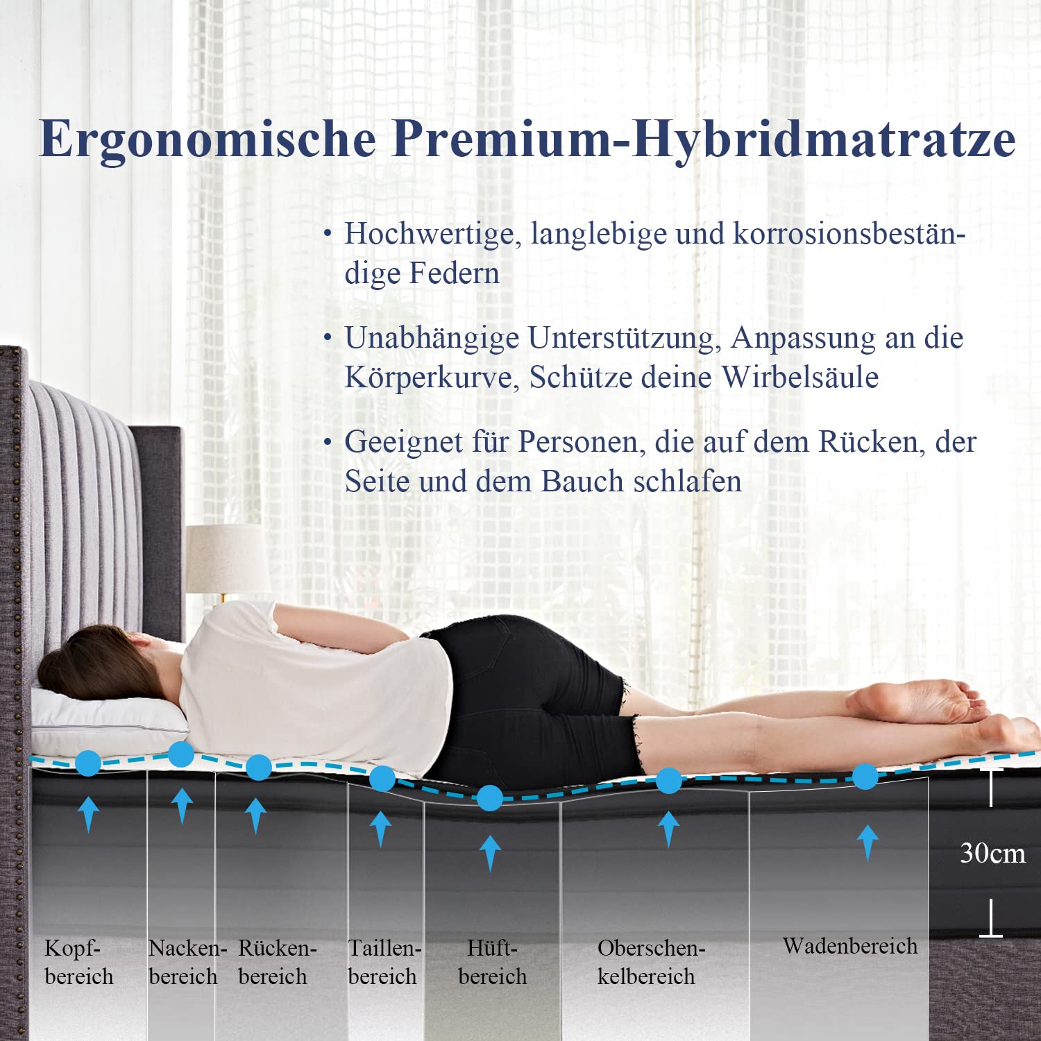 Suilong Luxus-Premium-Matratze 180x200x30cm Härte H3 H4, Produziert nach Deutschem Qualitätsstandard,1.000er Tonnentaschenfederkernmatratze Rücken und Taillenschmerzen Lindern - 7-Zonen